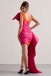 Pink & Orange Satin Wrap Mini Dress Peplum Drape
